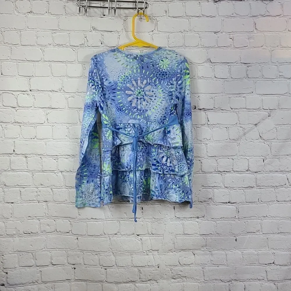 Justice Girls 8 Blue Tiered Ruffle Long Sleeve Floral Burnout Tee Knit Top Shirt